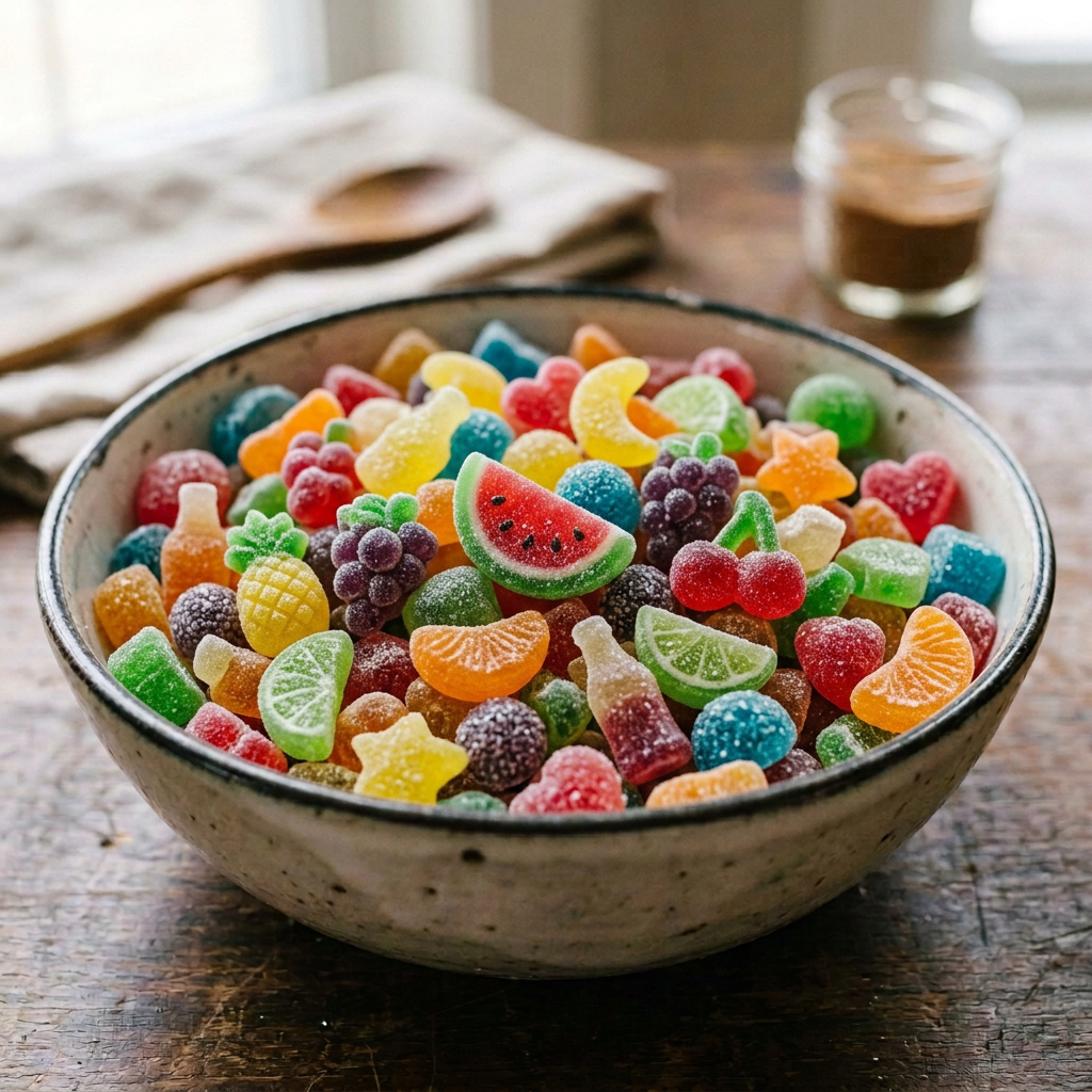 Bowl of assorted colorful sugar-coated gummy candies on wooden table